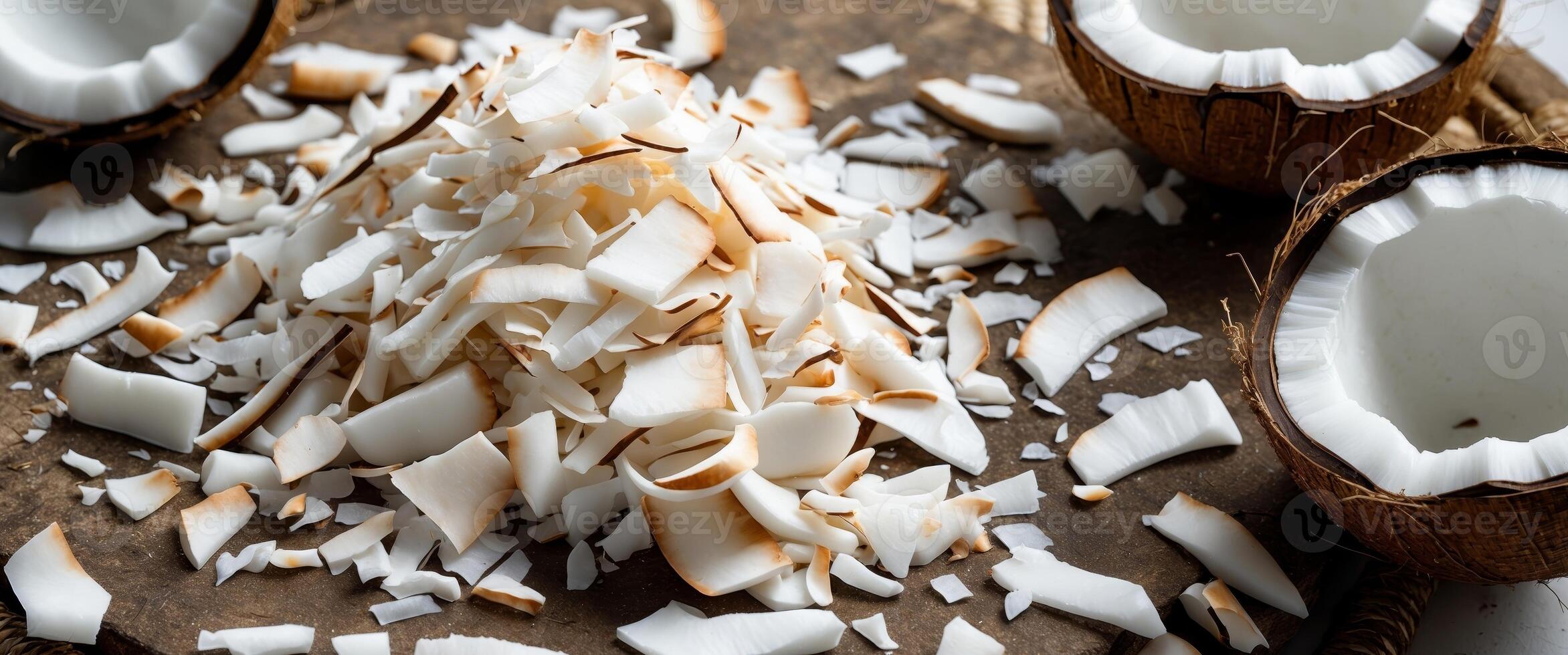 Shredded coconut flakes scattered around cracked coconut shells on a textured surface photo