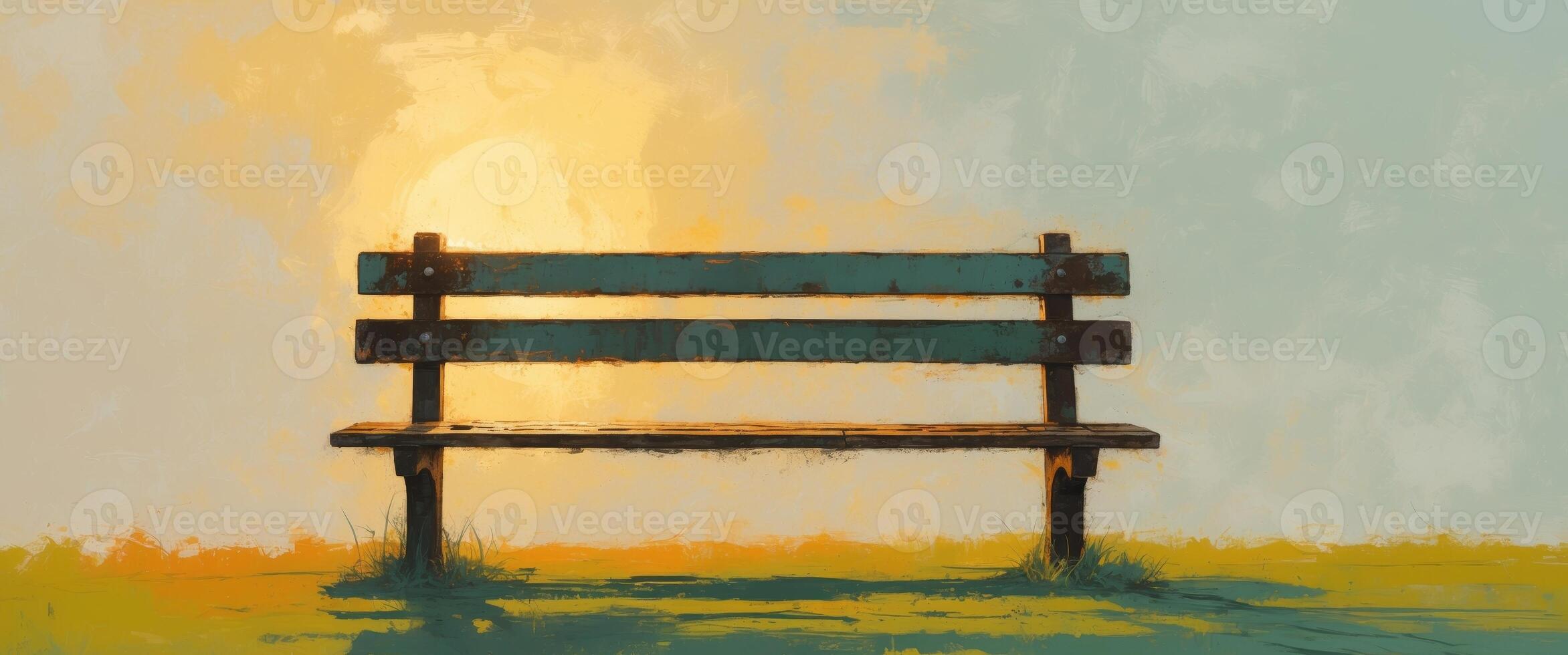An empty park bench bathed in the golden light of sunset photo