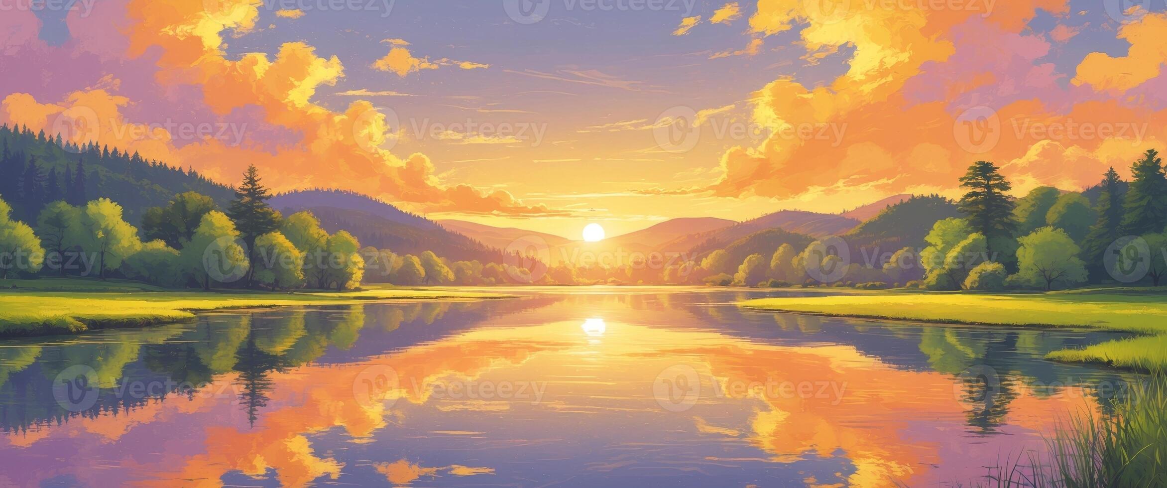 Beautiful sunset and sunrise scenes over rivers and lakes with natural landscapes and reflections photo