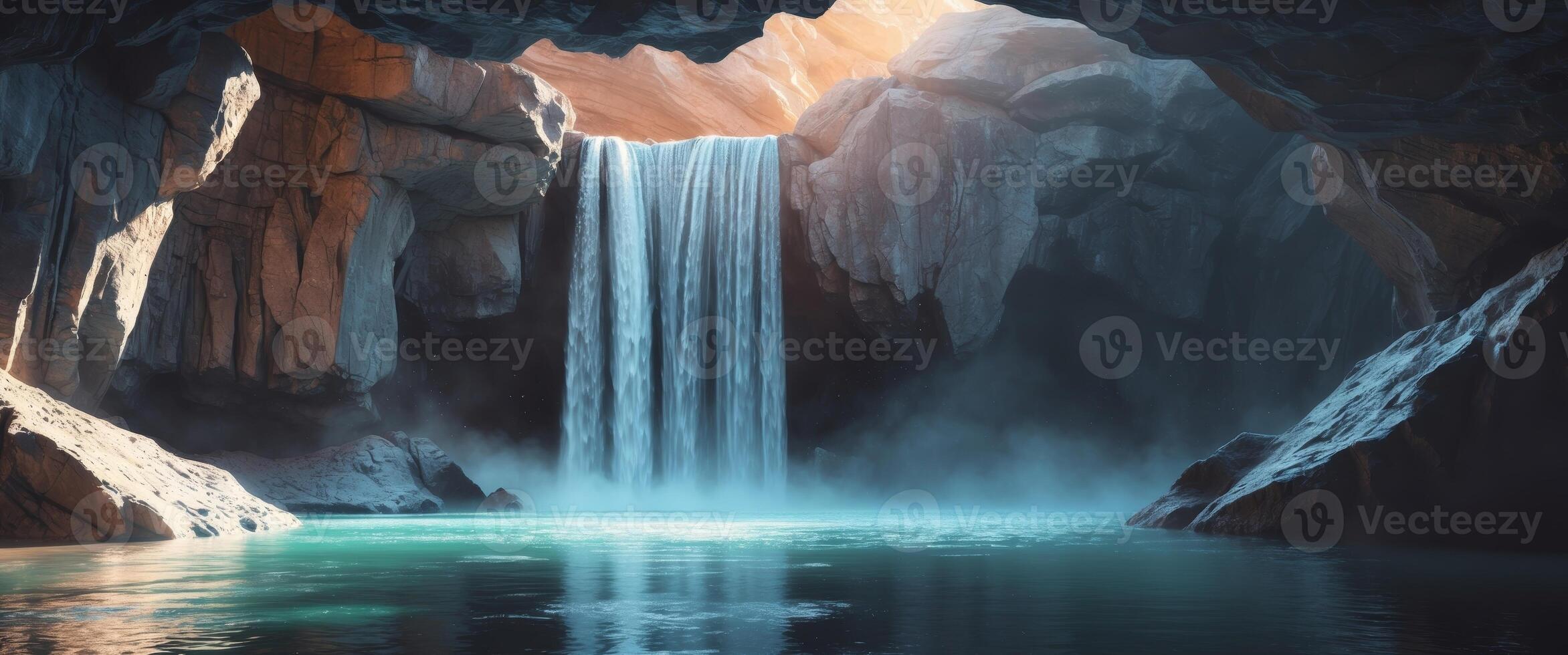 A Waterfall cascading into a lake viewed from inside a cave photo