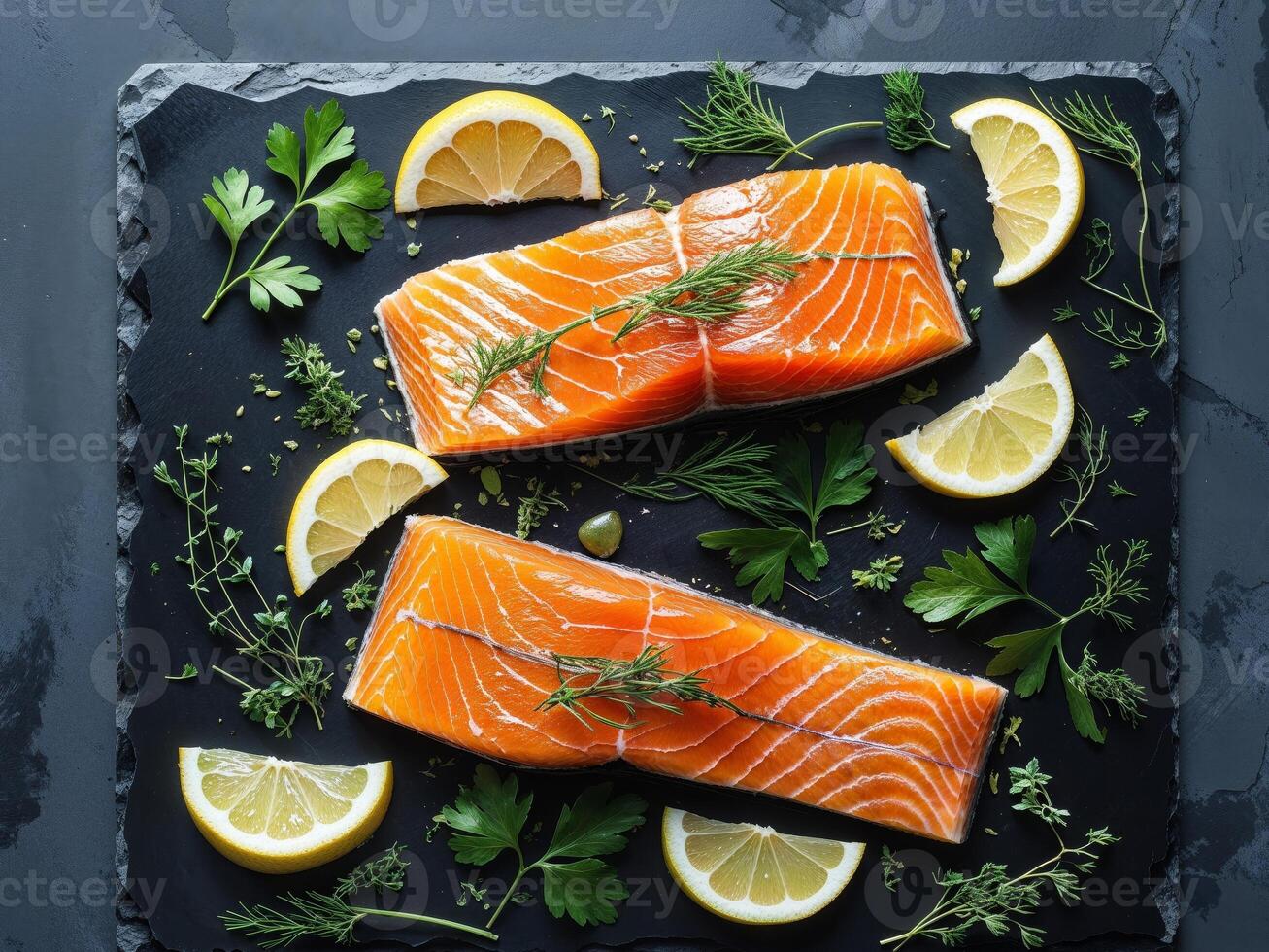 Fresh Raw Salmon Fillets with Herbs and Lemon on Slate Board for Culinary Art and Design photo