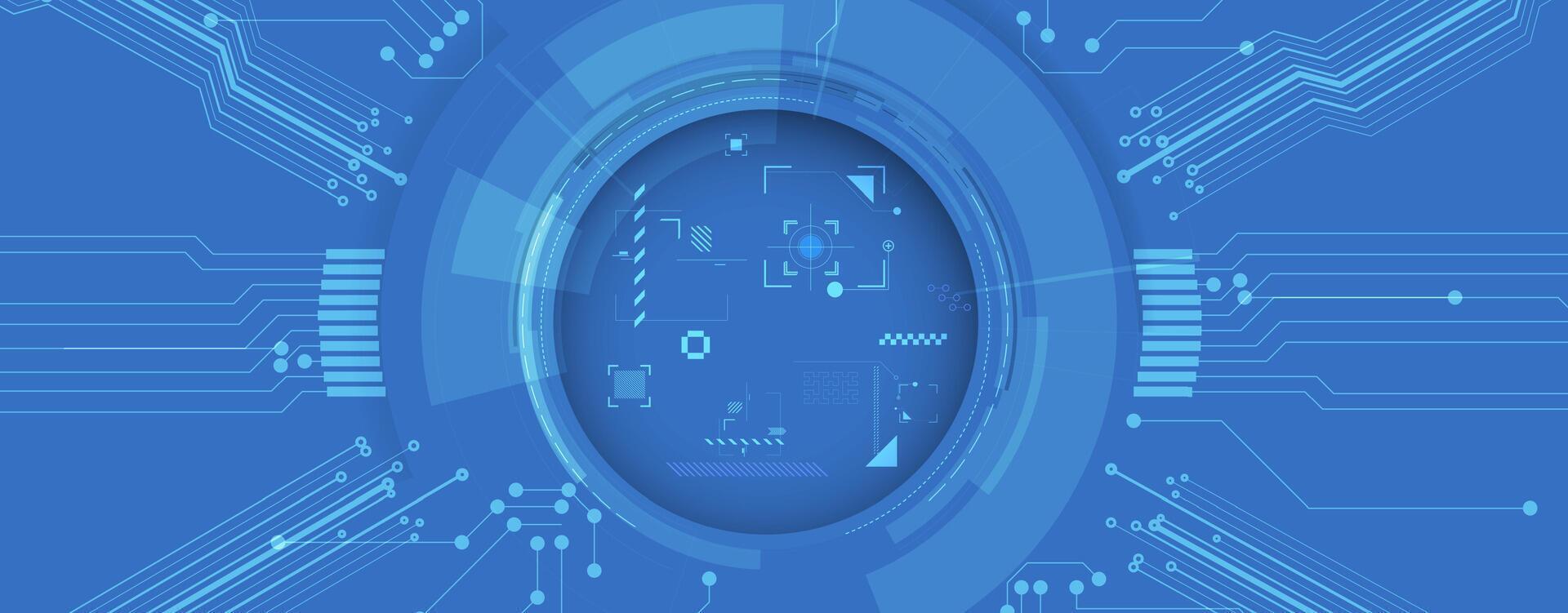 A blue background with a circuit board and a computer screen vector