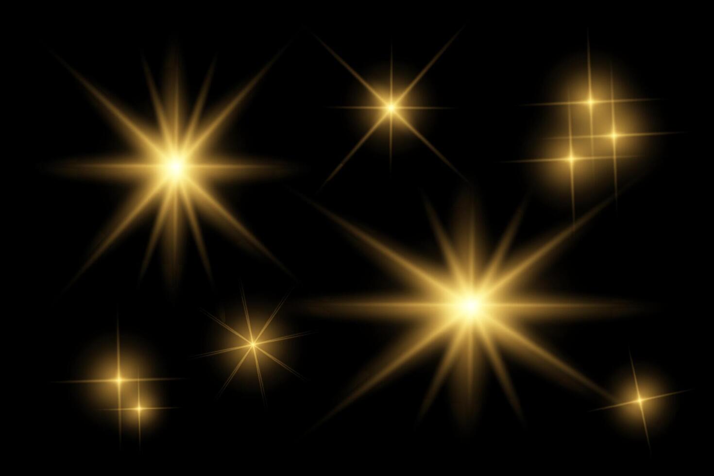 Golden sparkle flashing lights, sunlight lens flare, glowing ray beams, sparkling starsicon on black background. vector