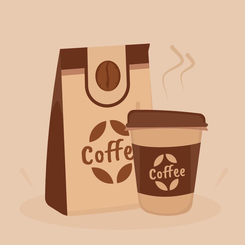 A coffee powder packet and takeaway cup with brown tones on a soft beige background vector