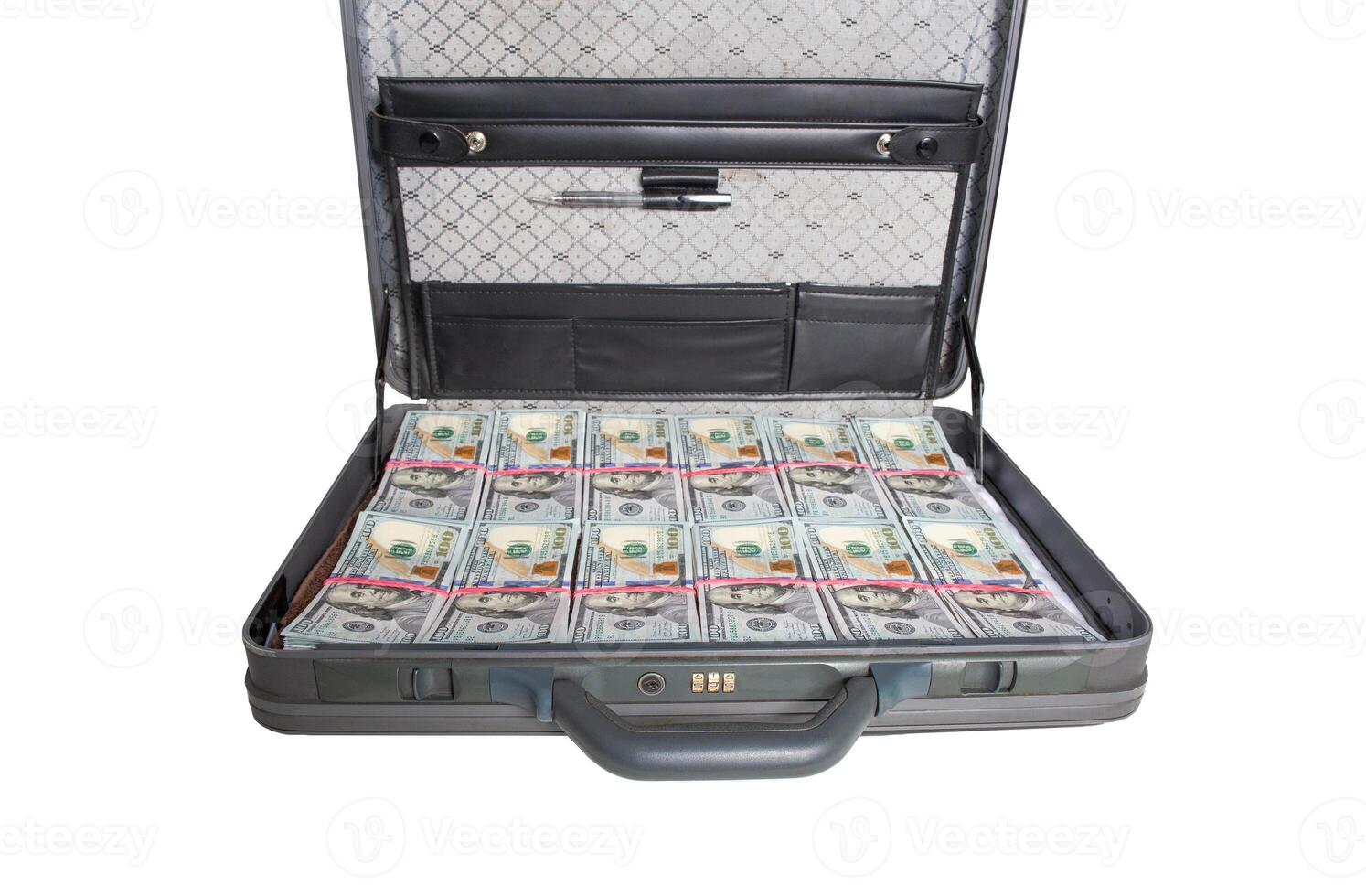 Black case with money dollars on a white background, isolate. Market competitiveness and investment concept photo