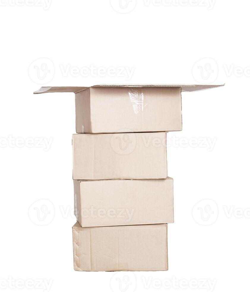A stack of cardboard boxes on a white background. Open cardboard mail box, concept of customs parcel inspection, isolate photo