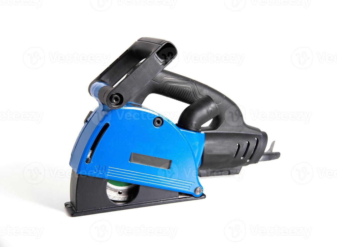Powerful electric wall chaser for recessing in walls with two diamond blades for reinforced concrete. White background, isolate. Installer's power tool, close-up photo