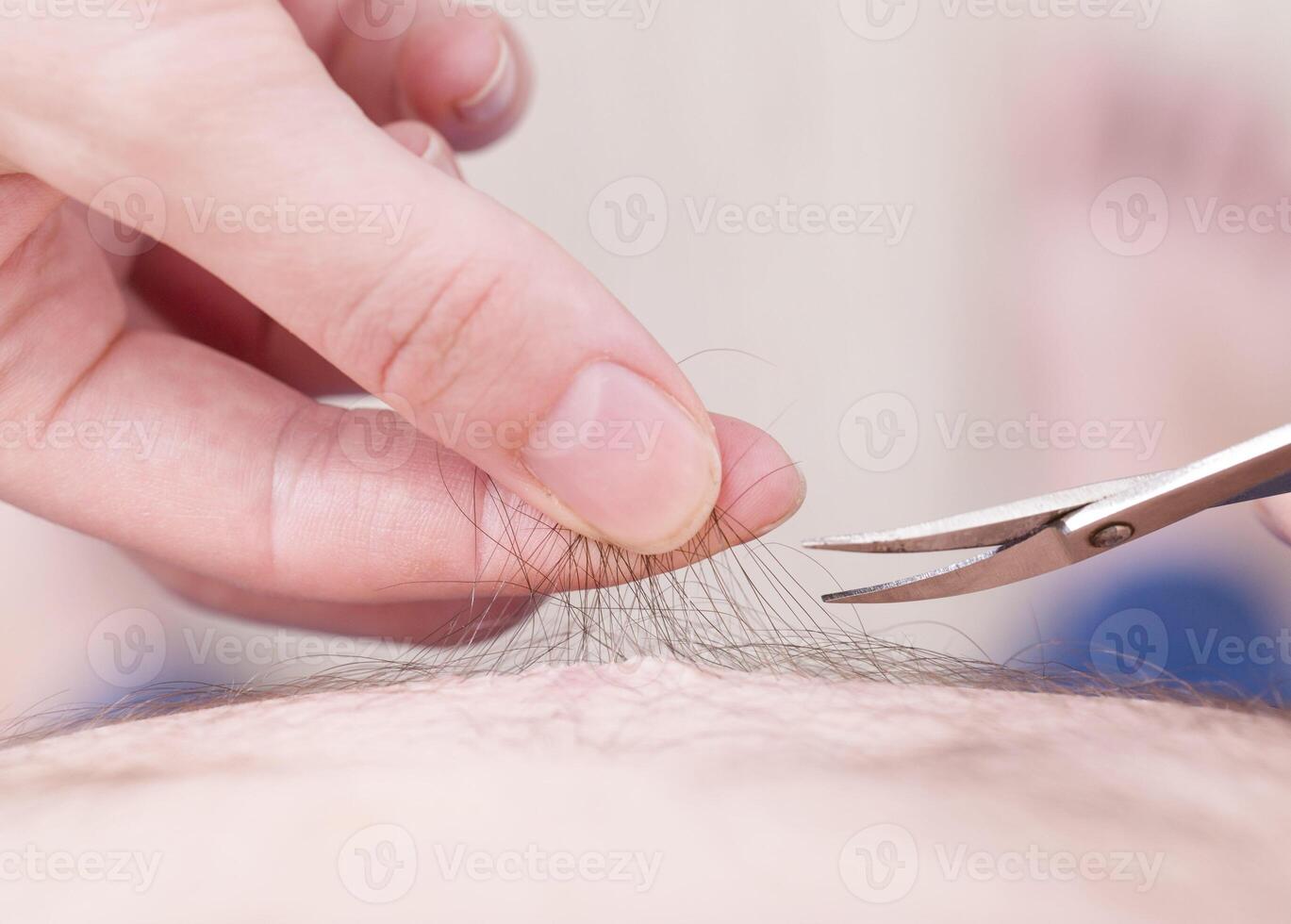The man cuts the hair from the abdomen with scissors. Hygiene and body care concept, close-up photo
