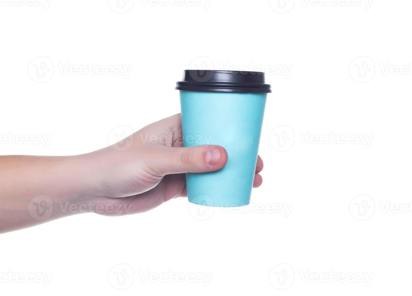 Man holding a turquoise coffee cup on a white background, isolate. Close-up, coffee to go photo