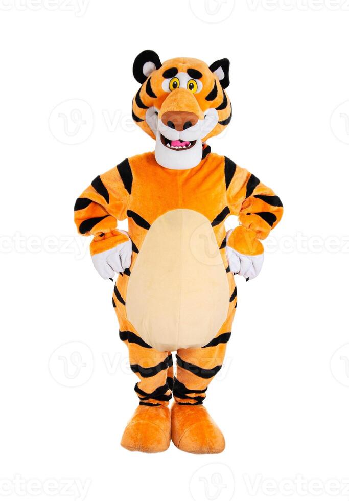 Cheerful teddy orange tiger posing on a white background, isolate. Holiday animator photo