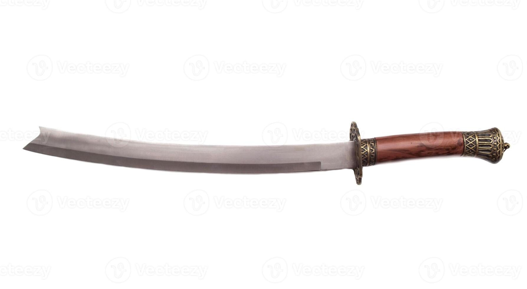 Katana saber with beautiful patterns on a white background, isolate. Close-up photo