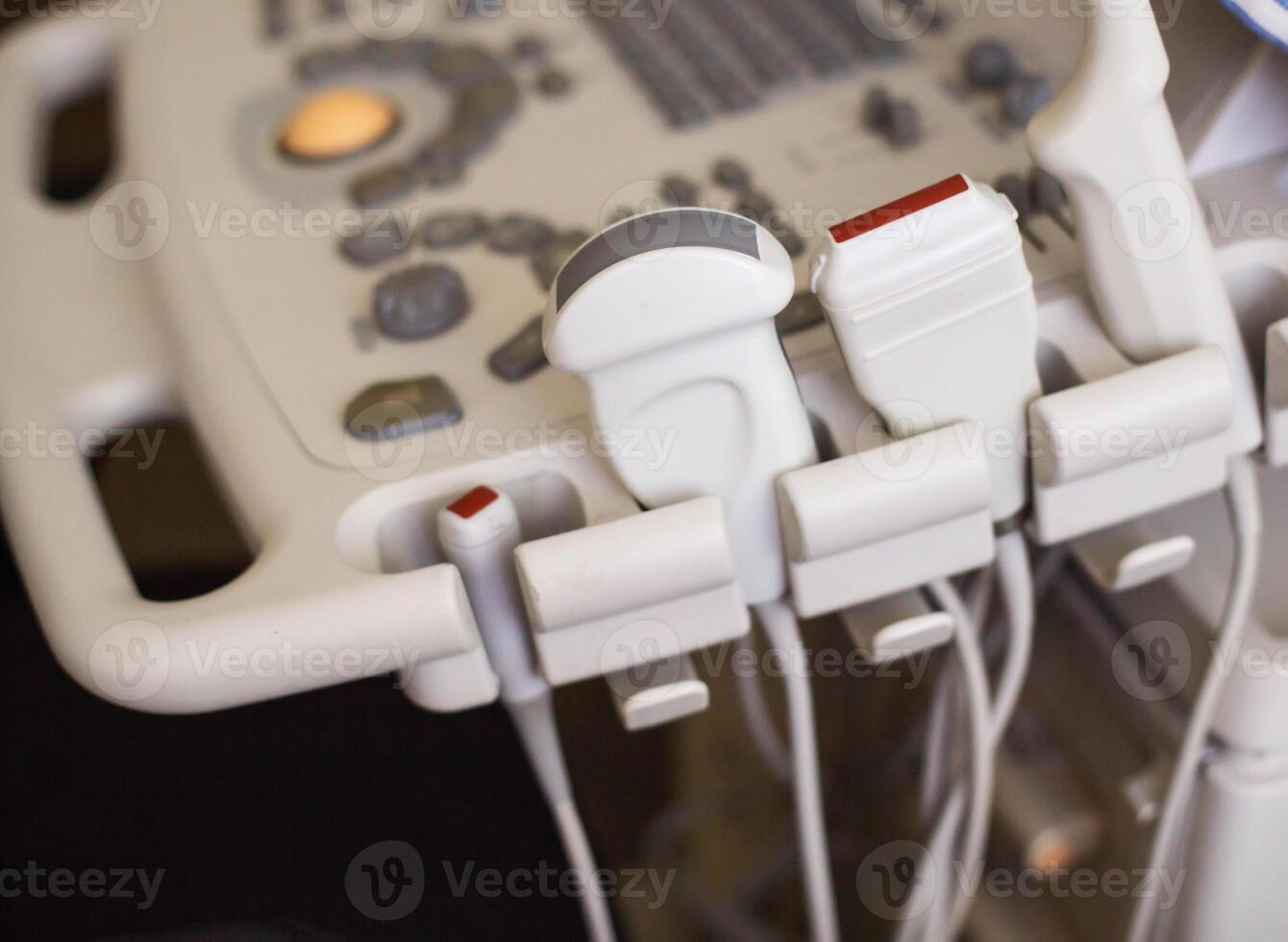 Ultrasonic sensors on ultrasound machines of various types in medicine. Ultrasound examination in gynecology, cardiology and surgery. photo