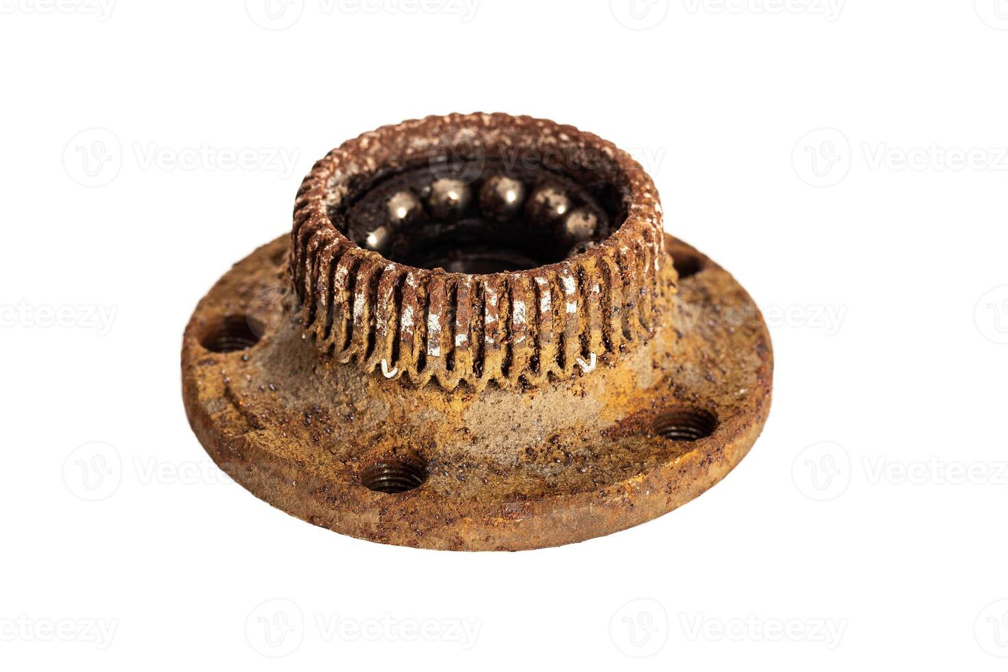 Old rusty wheel hub with a broken bearing. Bearing jamming. Automotive Part, close-up. White background, isolate photo
