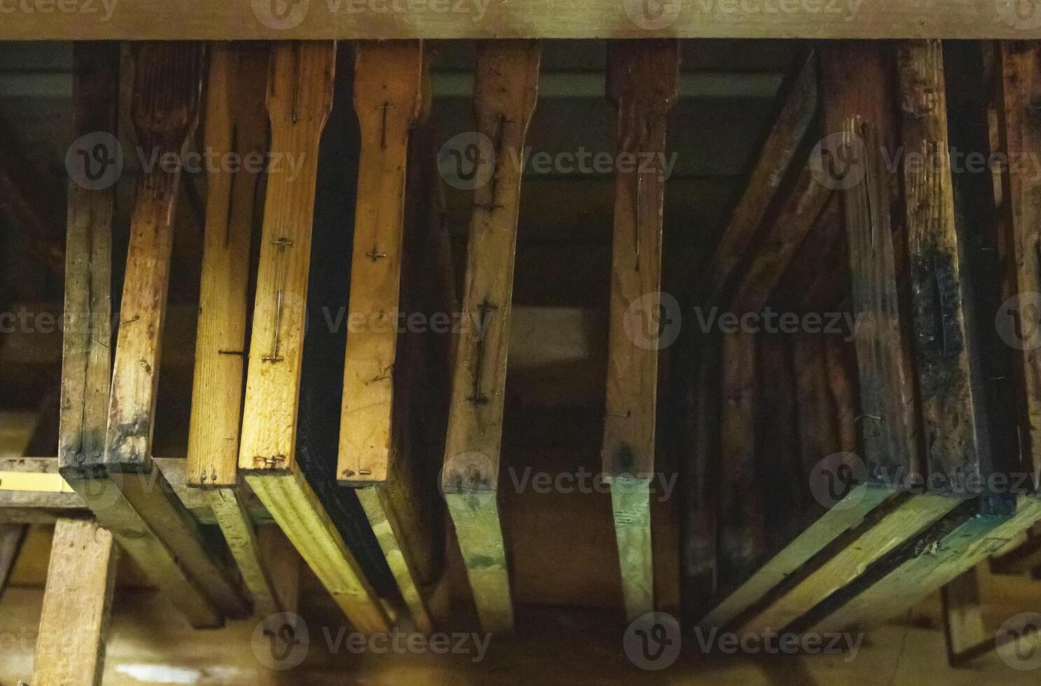 Bee frames with sealed combs and honey hang in the shed. Breeding bees, beekeeping, honey extraction, indusrty photo