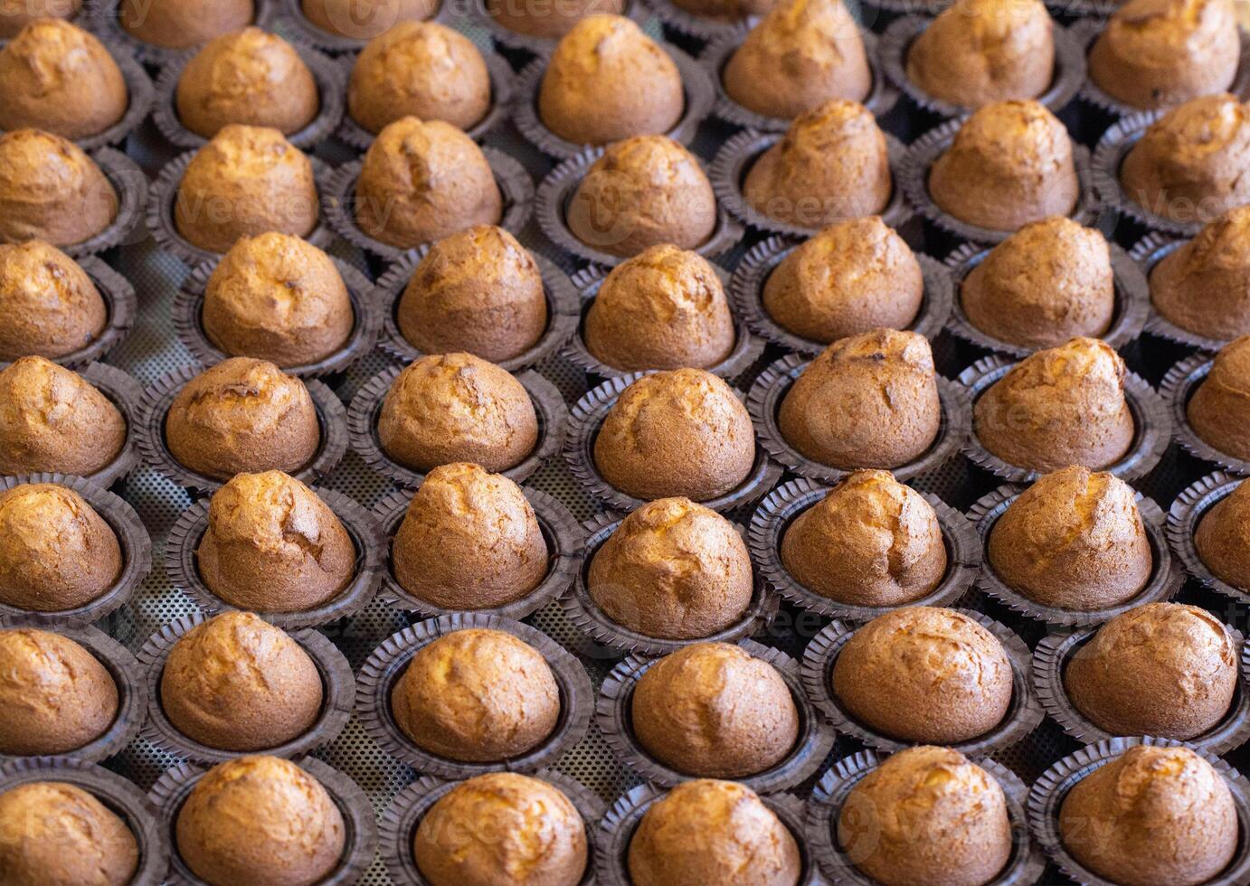 A tray of delicious fresh pastries made from muffins and muffins. lots of chocolate muffins, background, bakery products photo