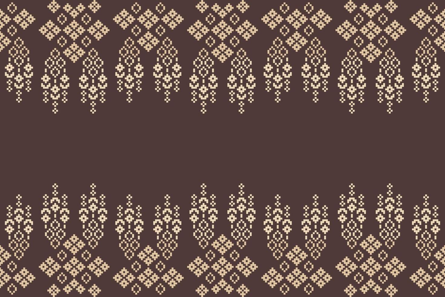 Ethnic pattern pixel art cross stitch brown color background fabric pattern and decoration design. vector