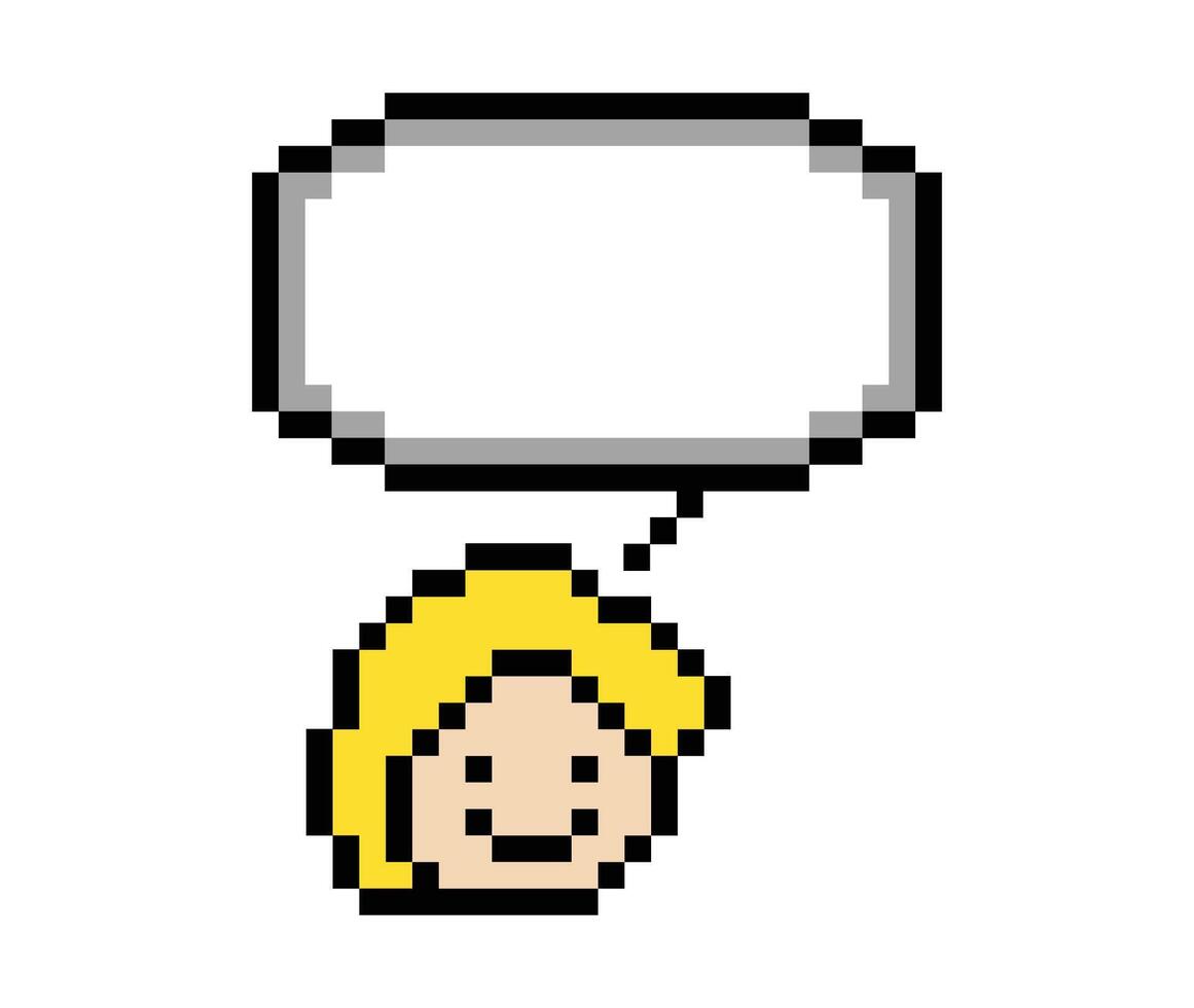 Decor art of pixel smile face man cartoon male or boy 8 bit with chat box blank. vector