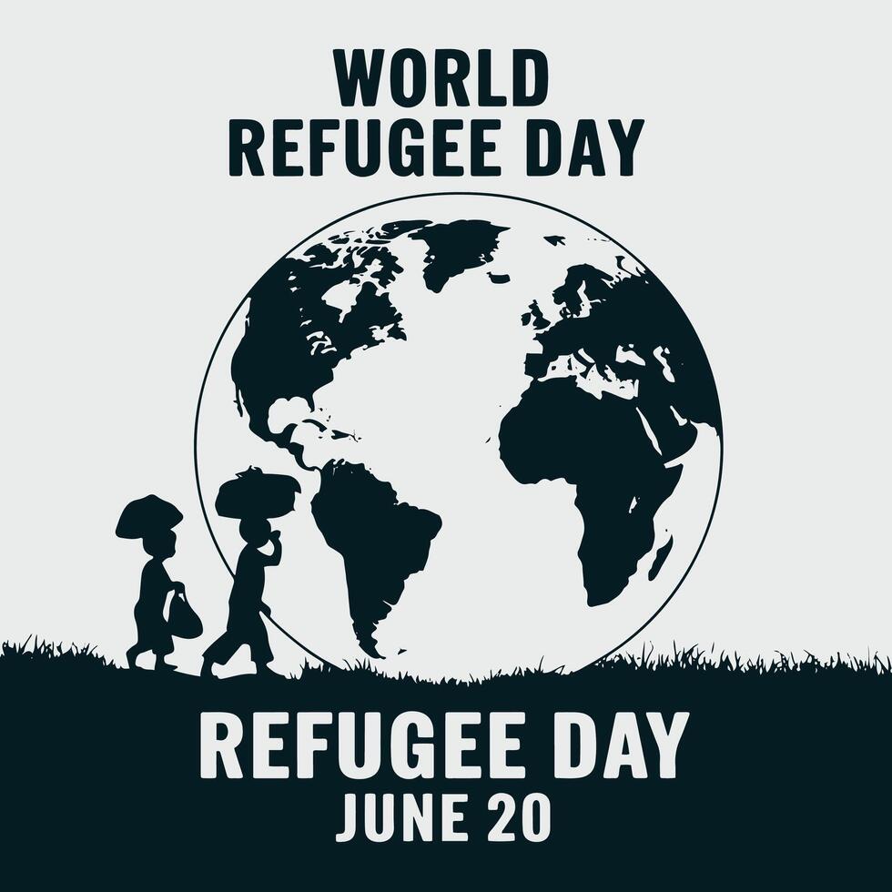 World Refugee Day greetings featuring silhouettes of people and a globe. Ideal for awareness campaigns, humanitarian event promotions, and social responsibility initiatives. vector