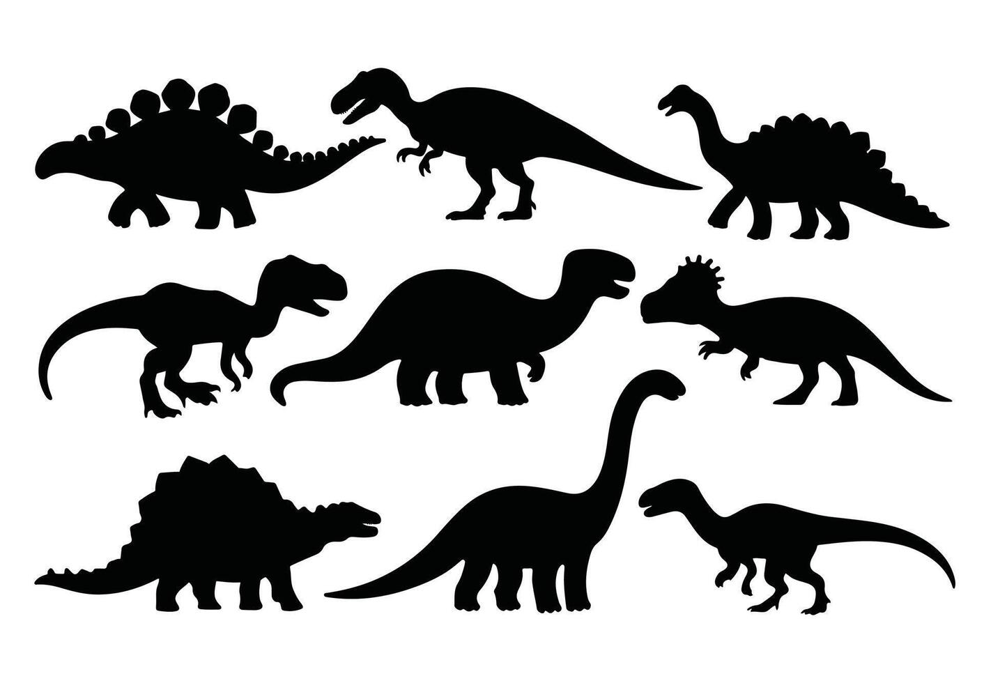 set of isolated dinosaur silhouettes. Includes various prehistoric species in a simple black design. Perfect for educational materials, themed decorations, and creative projects. vector