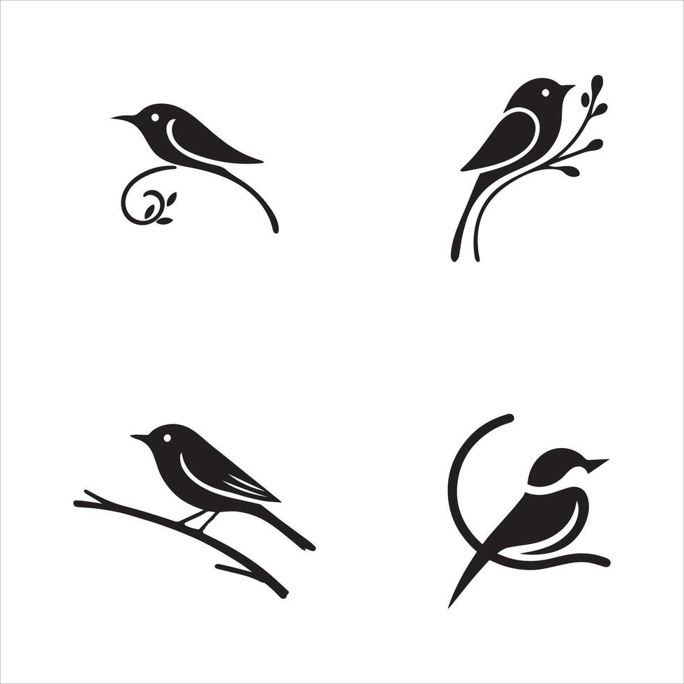 Four Bird Silhouettes Sitting on Branches Editable Design vector