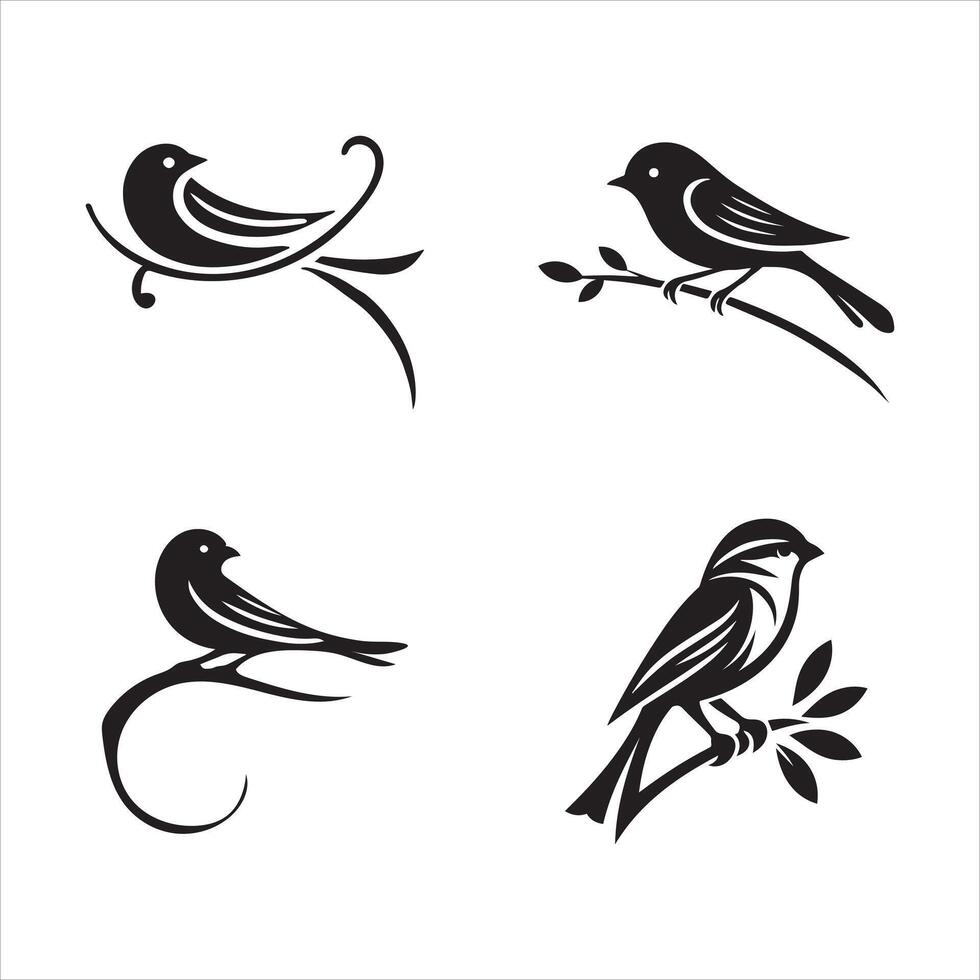 Black Bird Silhouettes on Branches Fully Editable Illustration vector