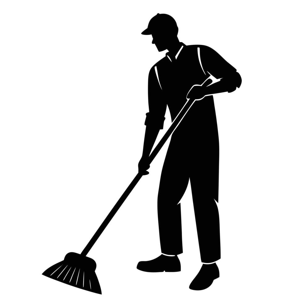 Cleaning Man Silhouette on White vector