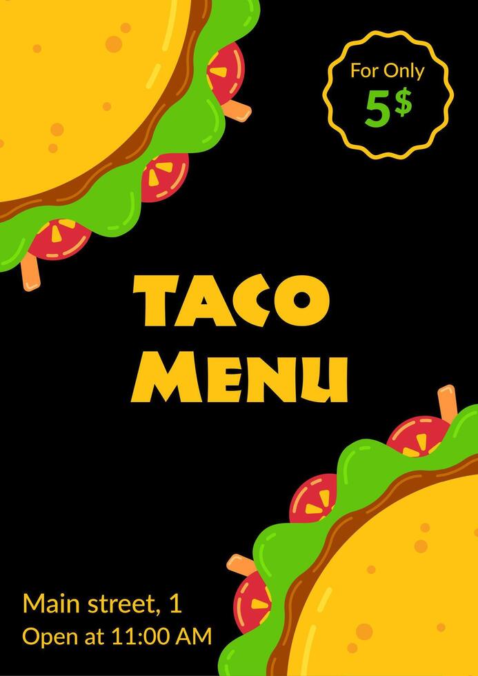 Mexican cuisine tasty taco fastfood menu. Restaurant or cafe party flyer with two flat tacos with beaf and chicken, tomato, salad and meat sauce. illustration for traditional taco tuesday vector