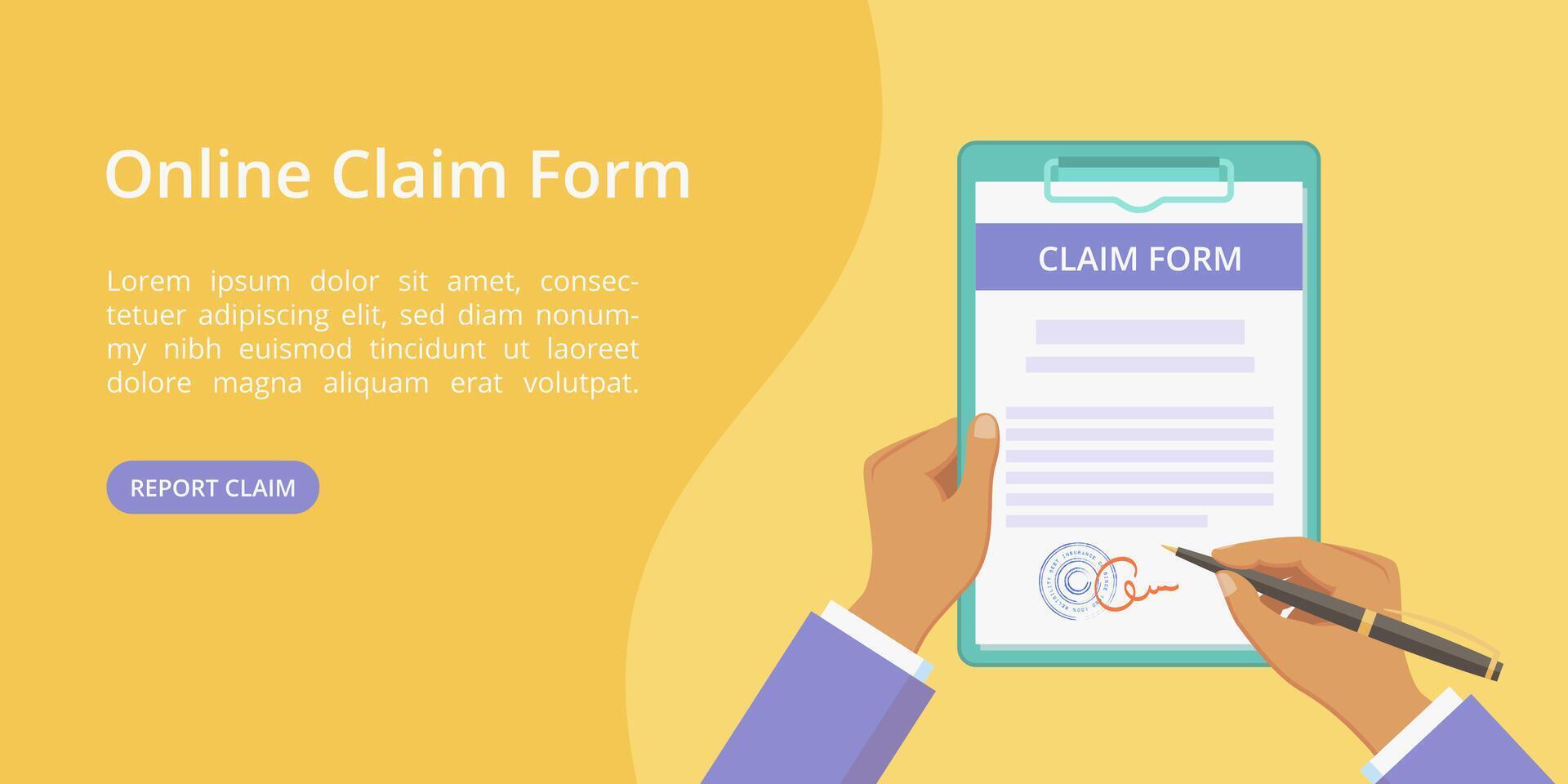 Hands with clipboard claim form web page template. landing concept flat man hand holding document on board with paper clip. Yellow web illustration template with hand, clipboard and claim form vector