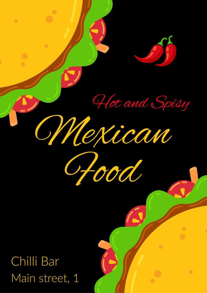 Tasty mexican taco food celebration menu template. Two delicious tacos with beef, salad, tomato, carrot sticks and meat sauce, hot and spicy chili pepper for traditional Taco Tuesday restaurant party vector