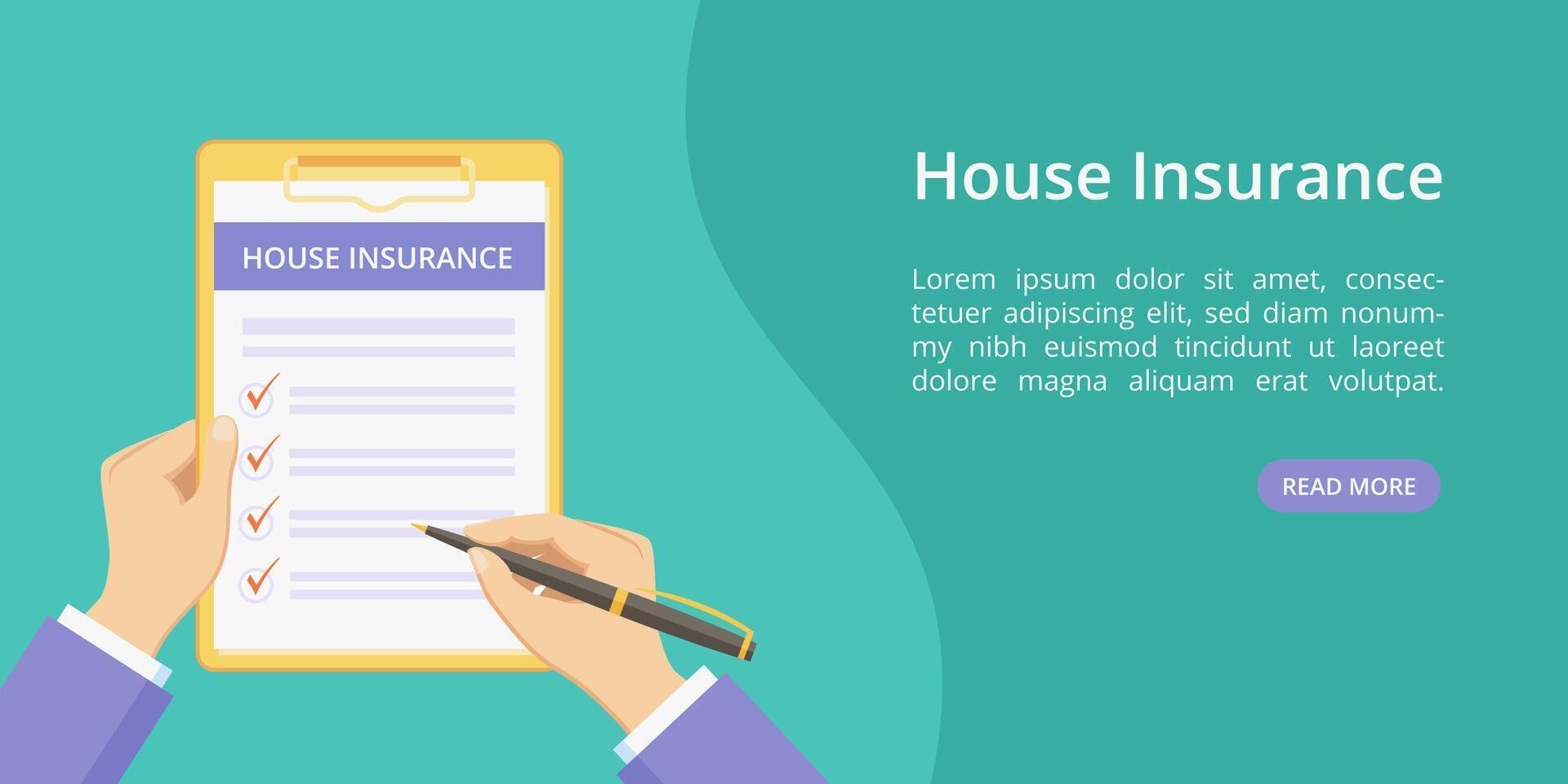 House insurance policy on clipboard with hands landing page concept. Online service for property insurance quotes green web page, flat man hands, filing house policy form on clipboard with check list vector
