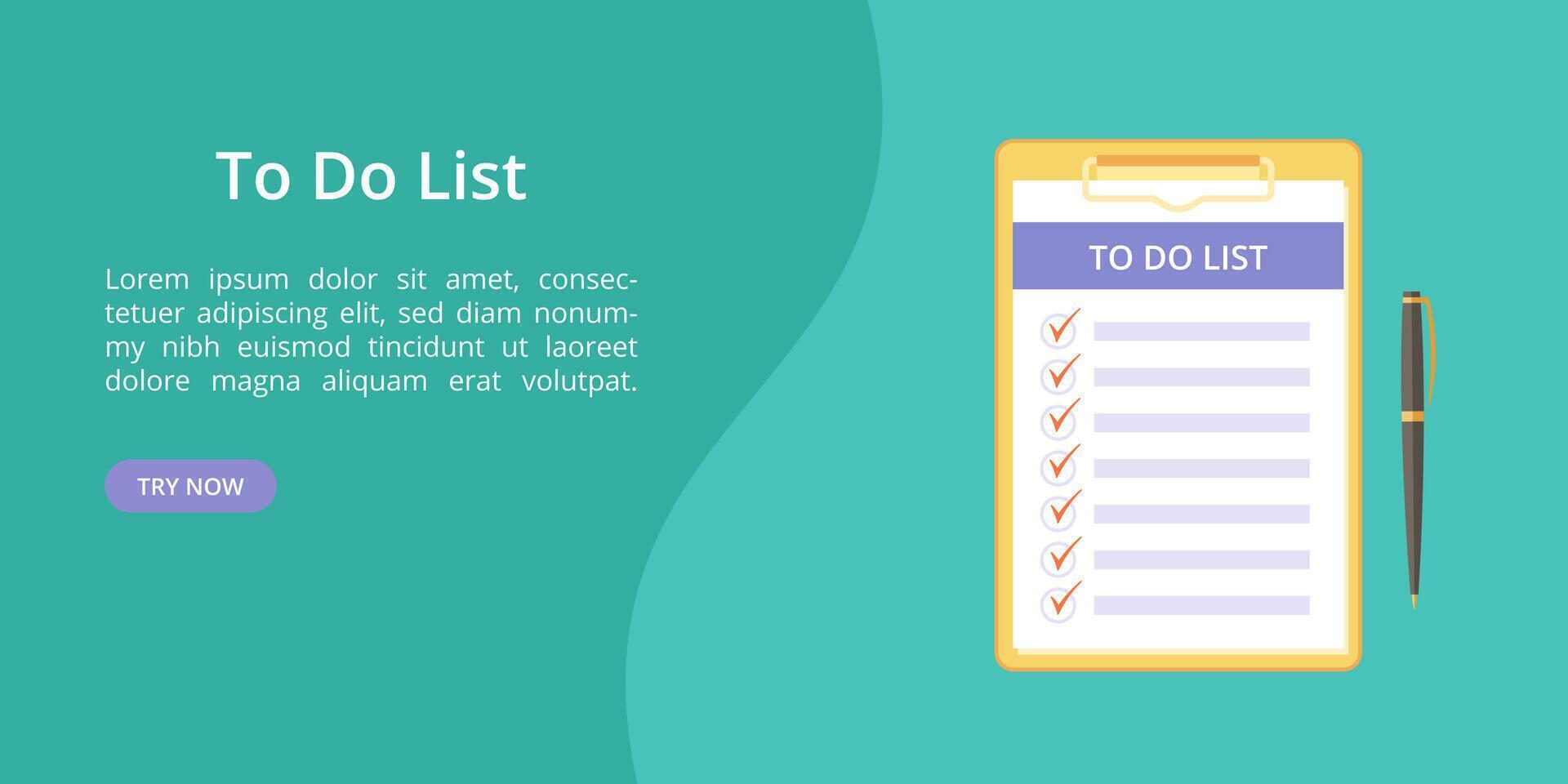 Todo list on clipboard with pen web template. landing page concept, note and task to do on board with paper clip. Web template illustration, pen and clipboard with todo list on green background vector