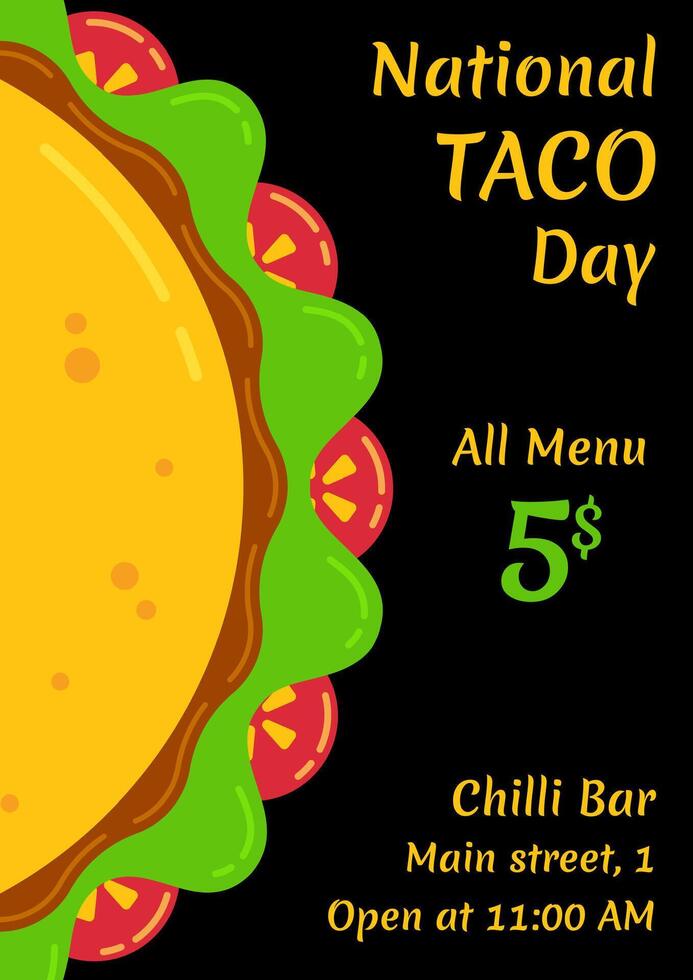 illustration for national taco day celebration on October 4th. Traditional mexican fast food, flat taco with salad, tomato and beef or chicken meat on black background for restaurant party vector