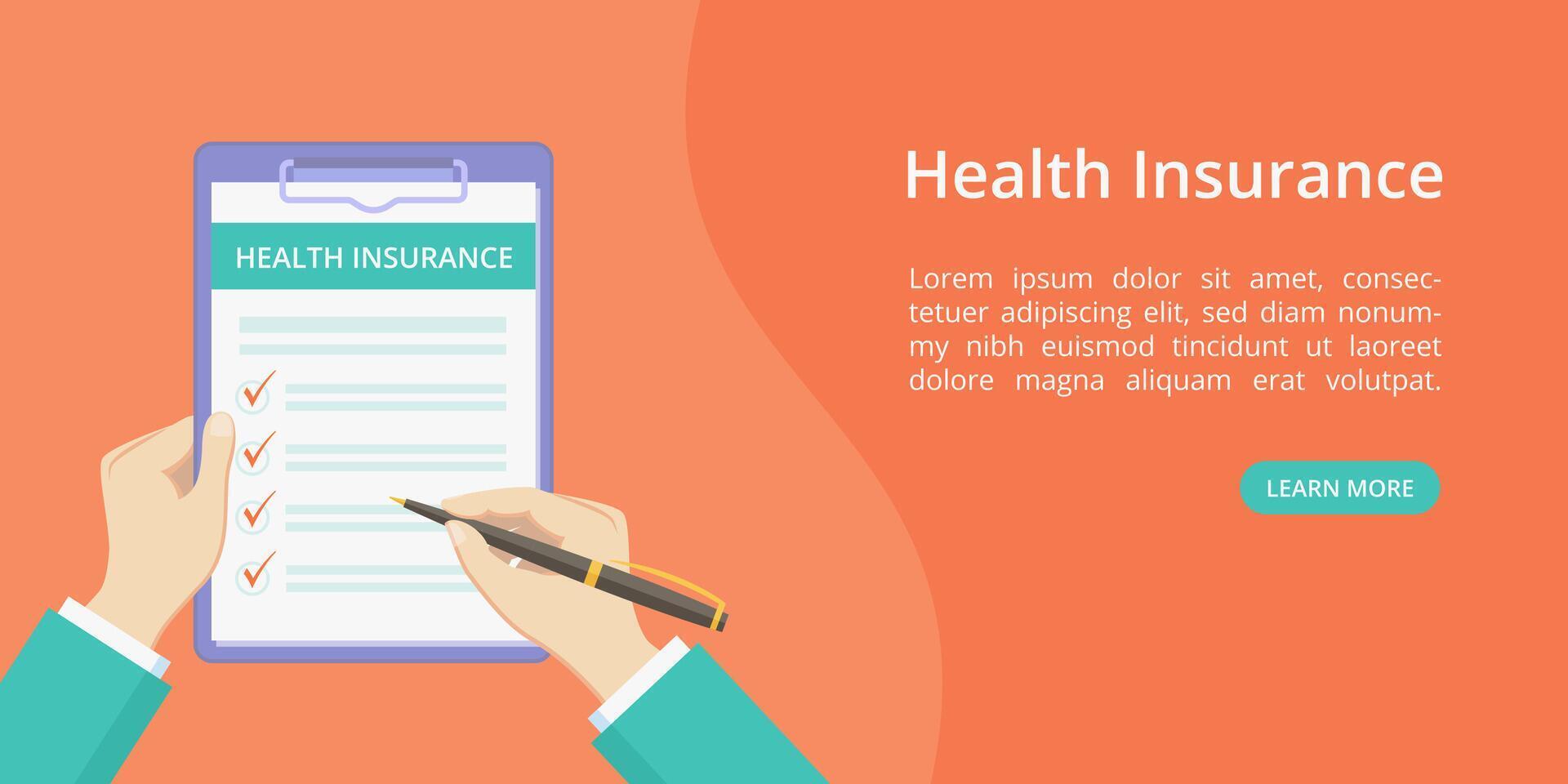 Health insurance policy on clipboard with hands landing page concept. Online service for medical insurance quotes red web page with flat doctor hands, filing health policy checklist form on clipboard vector