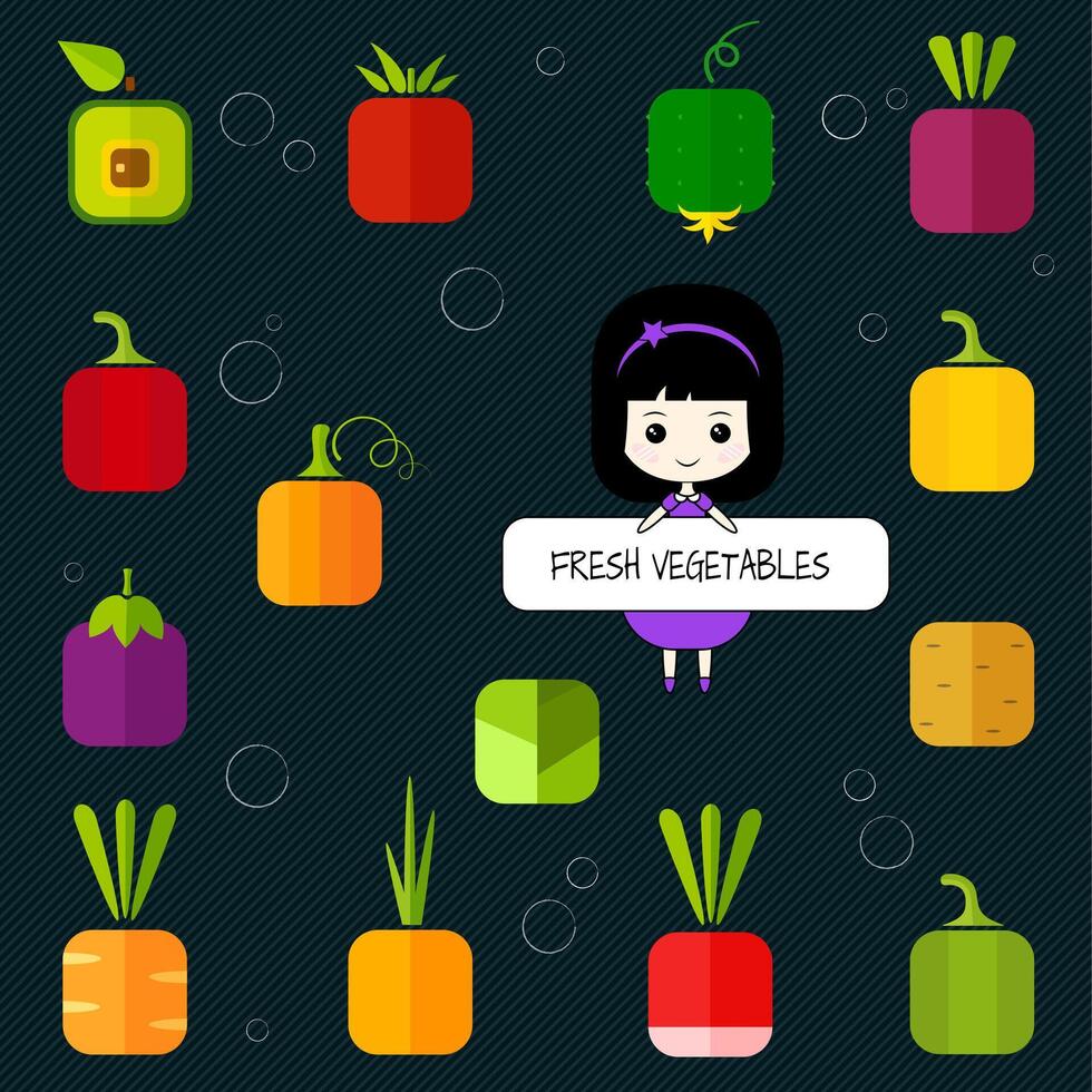 Cute chibi girl and square flat vegetable icon set vector