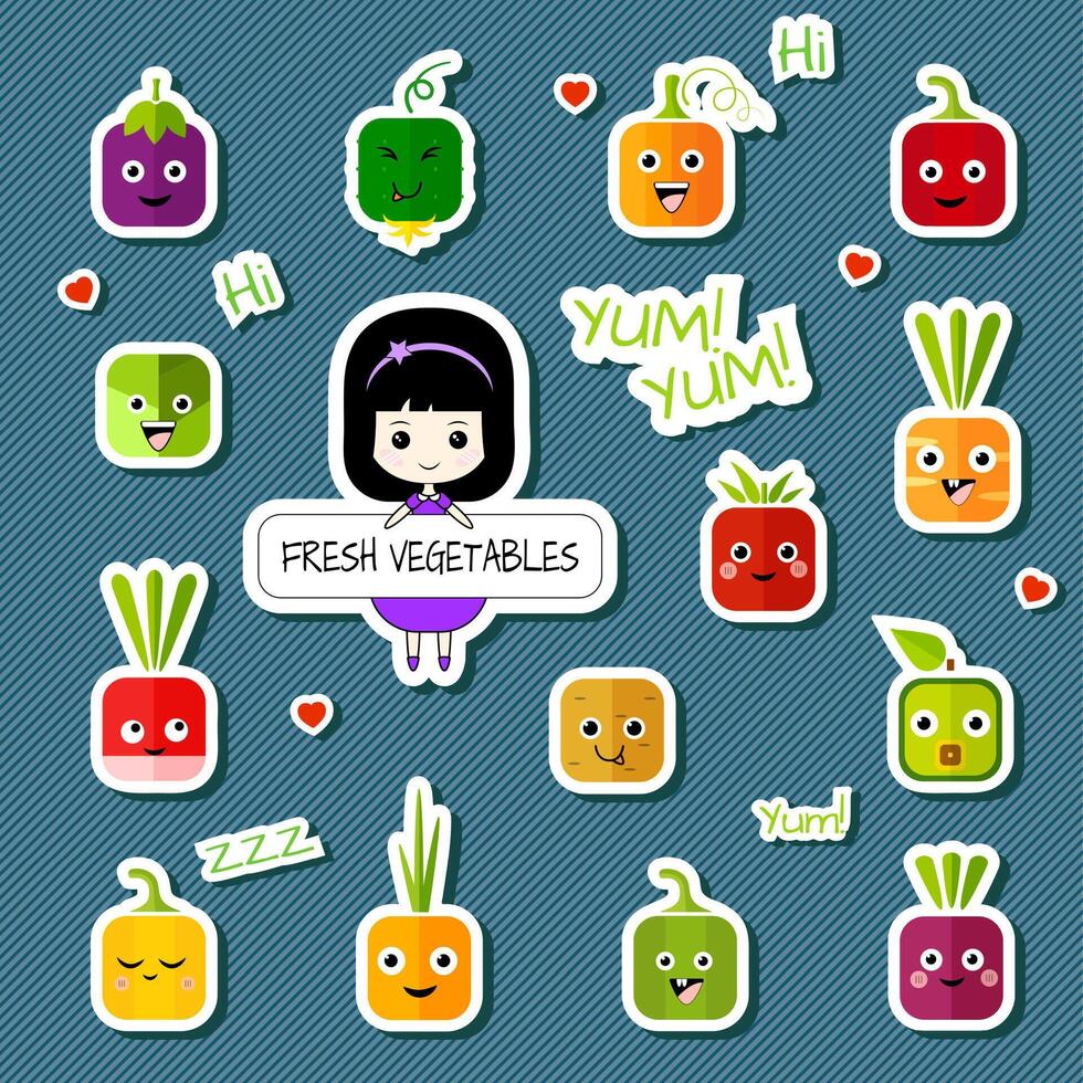 Chibi girl and square vegetable character set vector