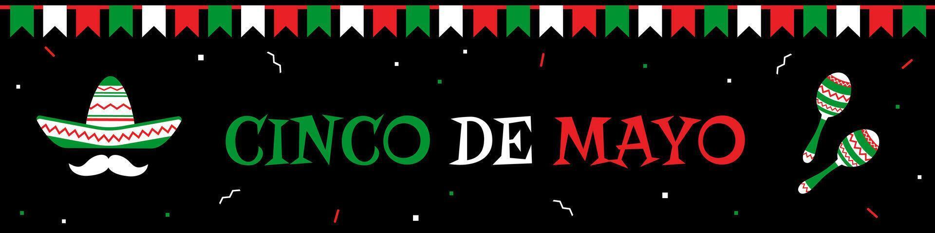 Traditional festival cinco de mayo web design banner template. Sombrero and mustache, maracas and big title with bunting flags. National colors illustration for party design on cinco de mayo. vector