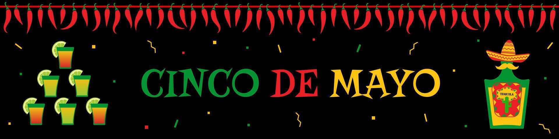 Traditional festival cinco de mayo web design banner template. Funny tequila bottle and cocktails tower under chili pepper garland. Festive colors illustration for event on cinco de mayo vector