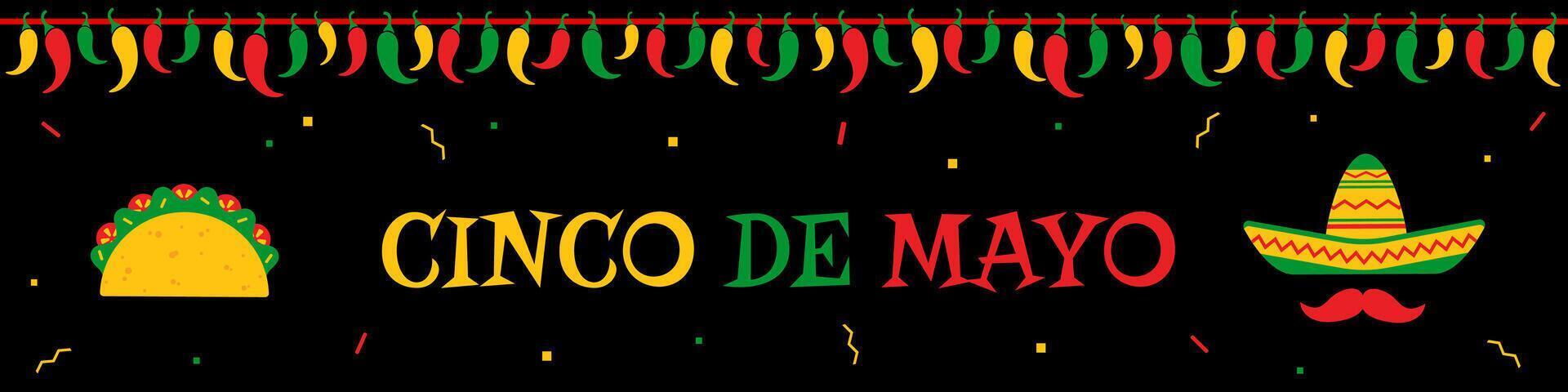 Traditional festival cinco de mayo web design banner template. Native taco and face with sombrero and mustache under chili pepper garland. Festive colors illustration for event on cinco de mayo vector