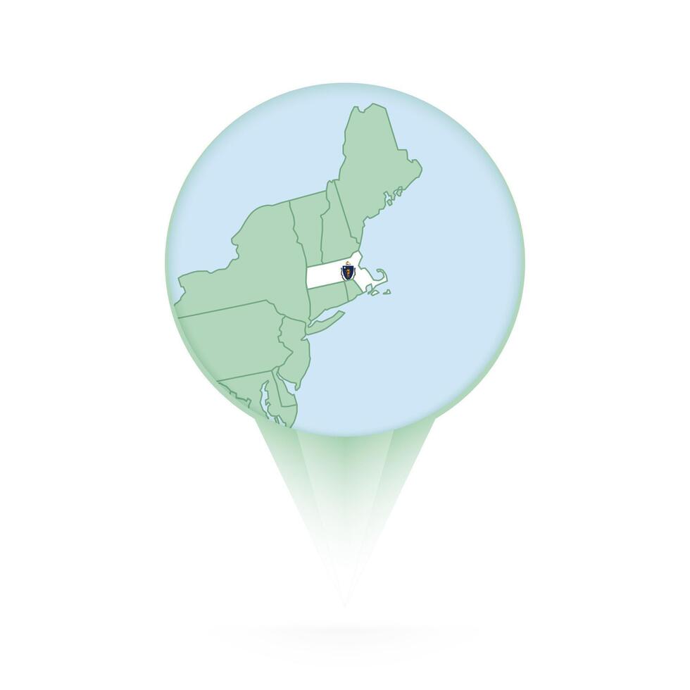 Massachusetts map, stylish location icon with Massachusetts map and flag. vector