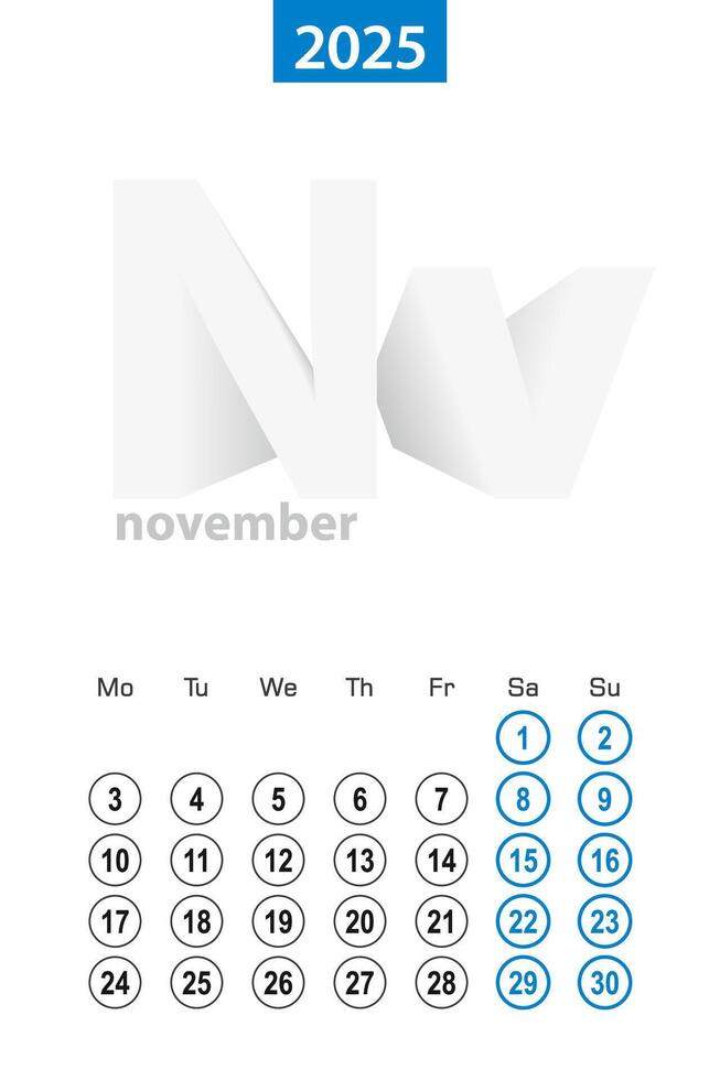 Calendar for November 2025, blue circle design. English language, week starts on Monday. vector