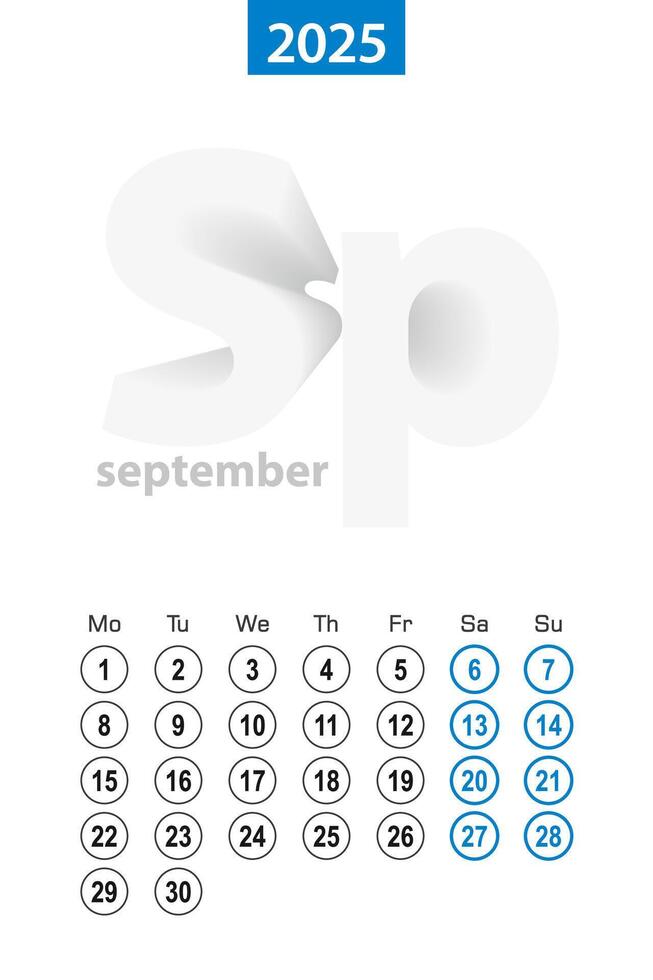Calendar for September 2025, blue circle design. English language, week starts on Monday. vector