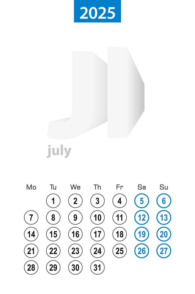 Calendar for July 2025, blue circle design. English language, week starts on Monday. vector