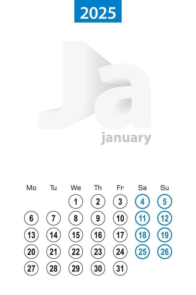 Calendar for January 2025, blue circle design. English language, week starts on Monday. vector