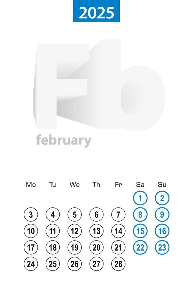 Calendar for February 2025, blue circle design. English language, week starts on Monday. vector