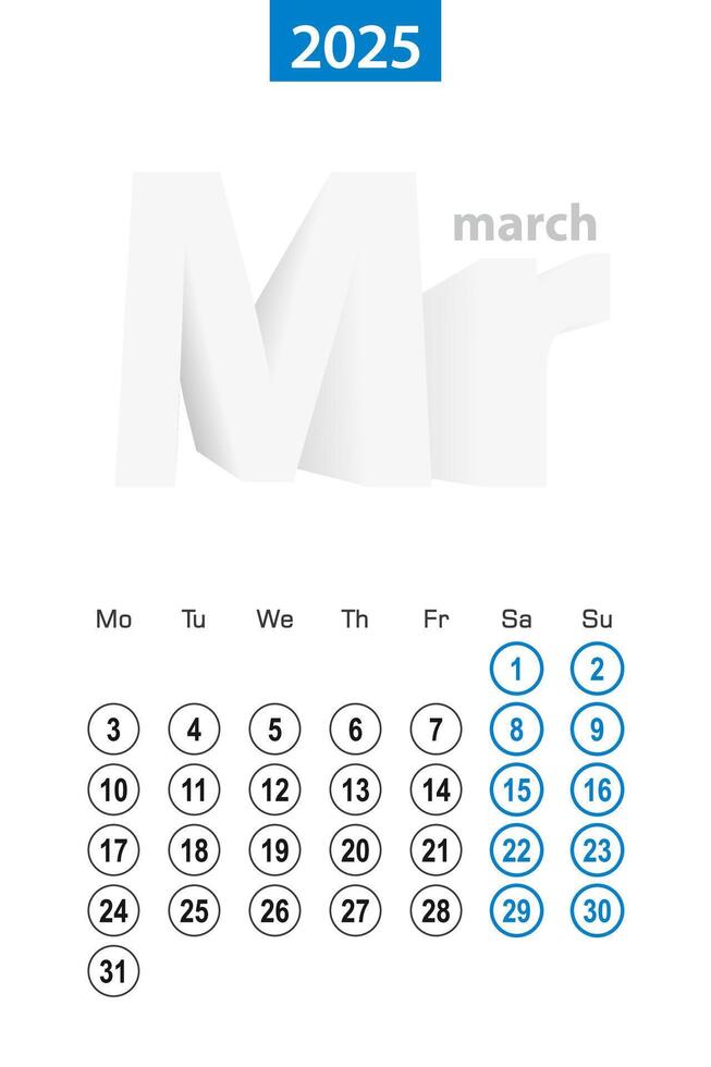 Calendar for March 2025, blue circle design. English language, week starts on Monday. vector