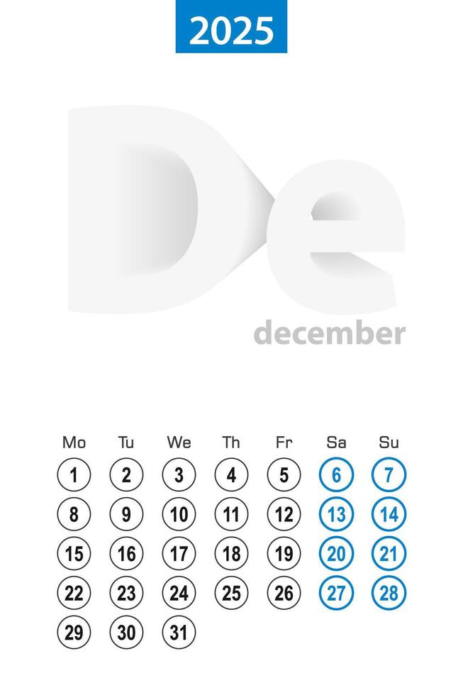 Calendar for December 2025, blue circle design. English language, week starts on Monday. vector