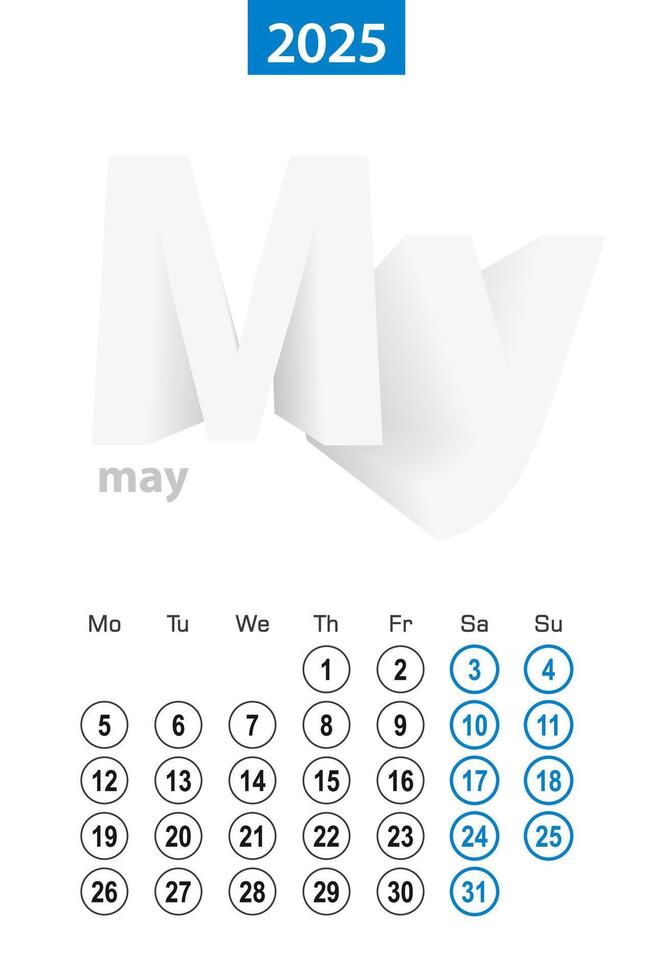 Calendar for May 2025, blue circle design. English language, week starts on Monday. vector