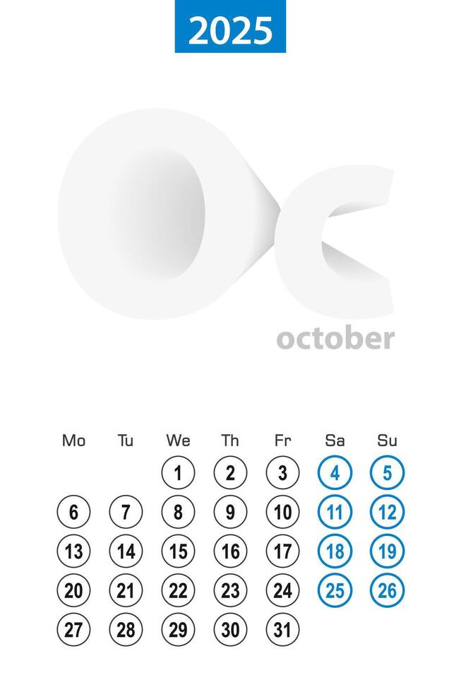 Calendar for October 2025, blue circle design. English language, week starts on Monday. vector