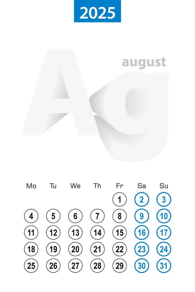 Calendar for August 2025, blue circle design. English language, week starts on Monday. vector