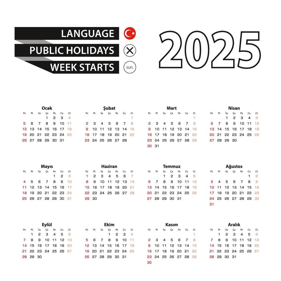 2025 calendar in Turkish language, week starts from Sunday. vector